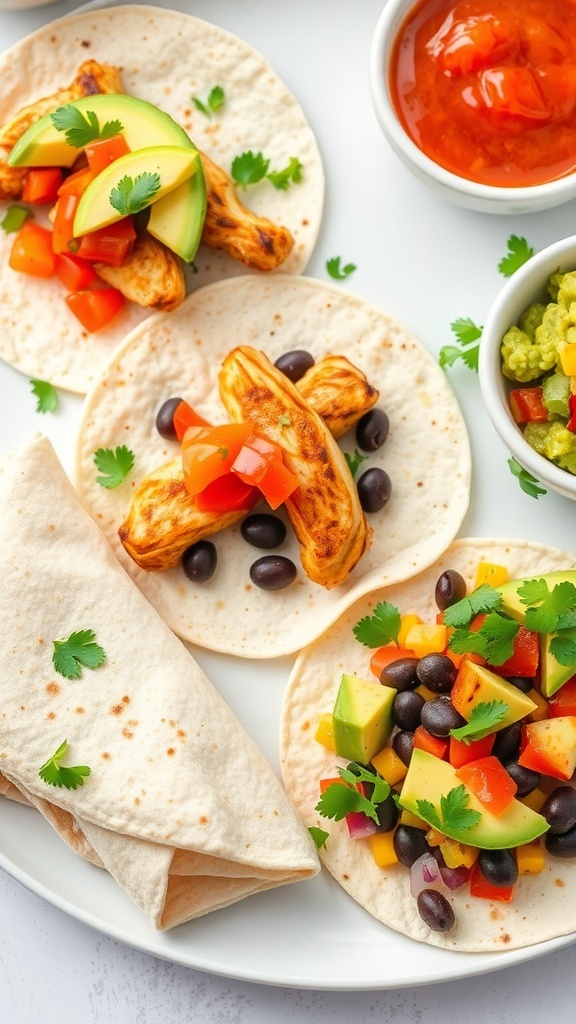 A plate of assorted tortillas filled with grilled chicken, black beans, and roasted vegetables, garnished with herbs and served with salsa.